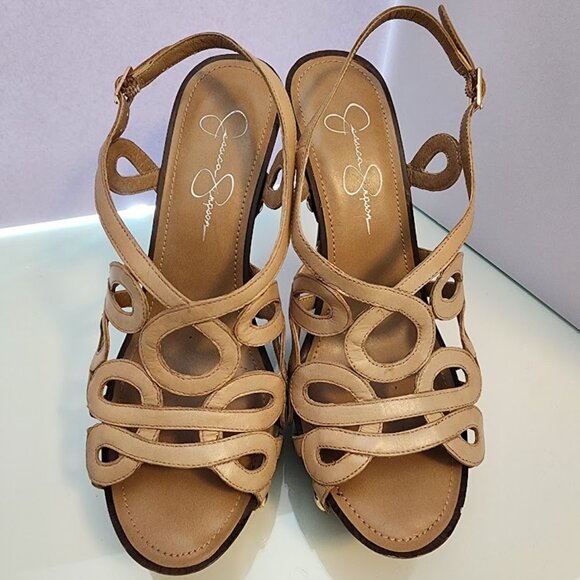 Jessica Simpson Tan Wooden Platform Stilettos Size 8 - Picture 7 of 7